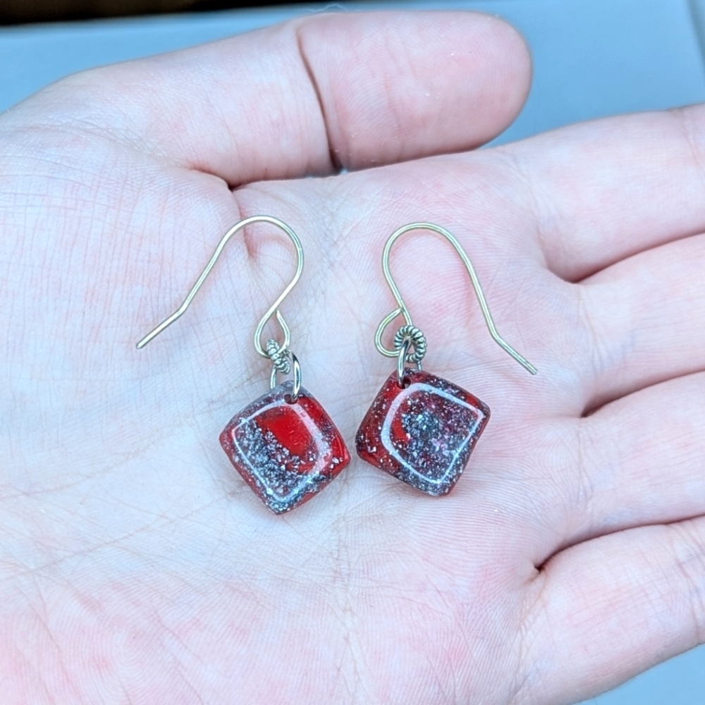 Petite Red And Black Glitter Square Diamond Earrings